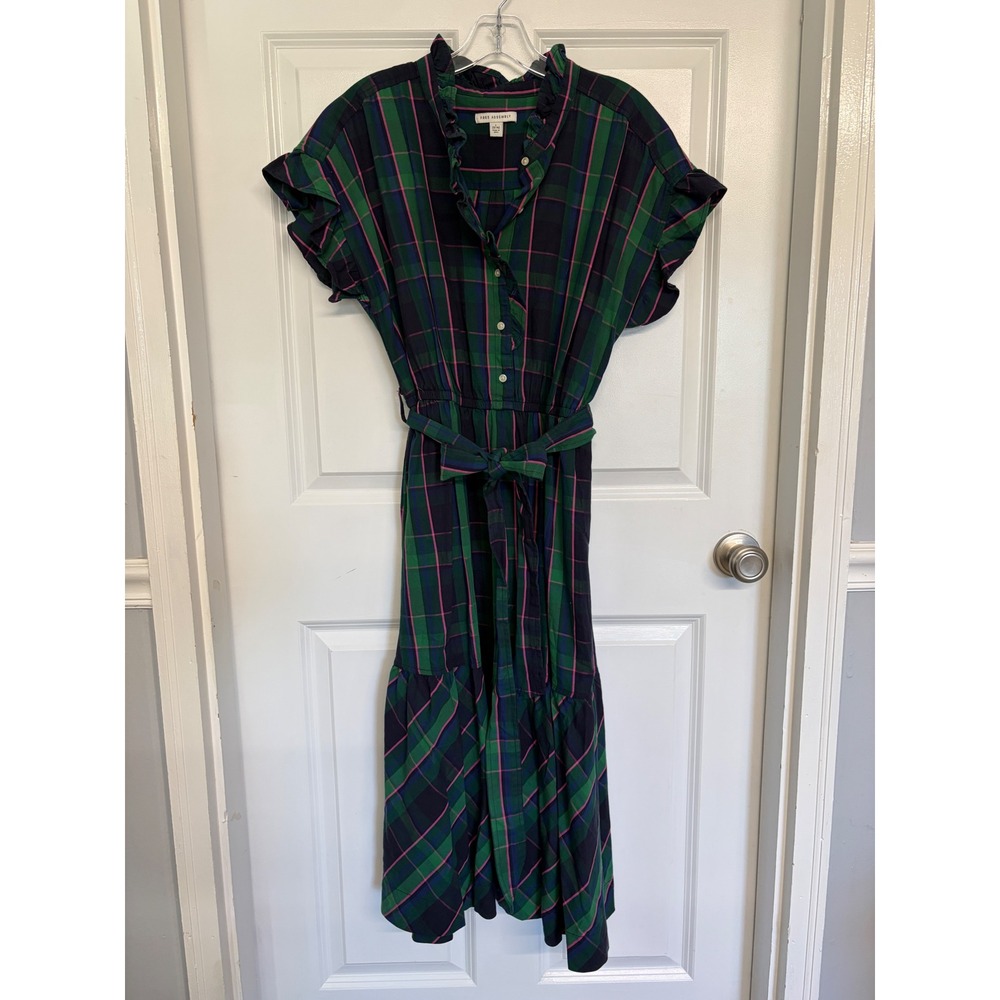 Free Assembly Plaid Midi Dress Women L Green Navy Pink Ruffle Flutter Sleeve Tie